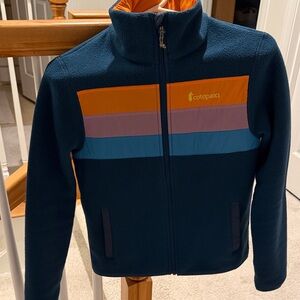 Cotopaxi women’s Colorblock Fleece Jacket in Orange, Purple, and Blue. Like new!